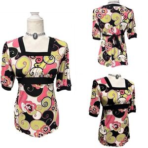 Vtg Y2K Baby Doll Top Womens Sz 14-16 Psychedelic Retro Square Neck Short Sleeve